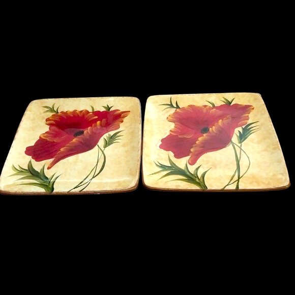 Pier 1 Square Poppies Salad Plate, Cottagecore Plate, Hand Painted Server Plate - Picture 11 of 11